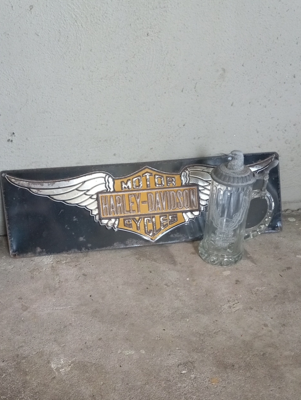 Harley Davidson Glass & Pewter Stein Mug & Metal Sign